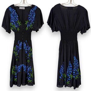 Black Blue Embroidered Dress Button Down Summer Vacation Small